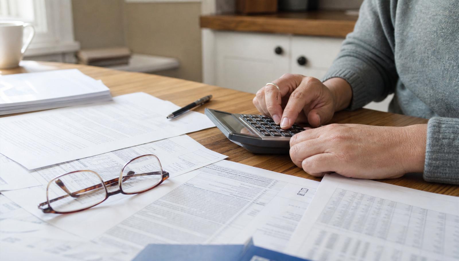 Borrower using a calculator with student loan statements and tax forms spread on a table