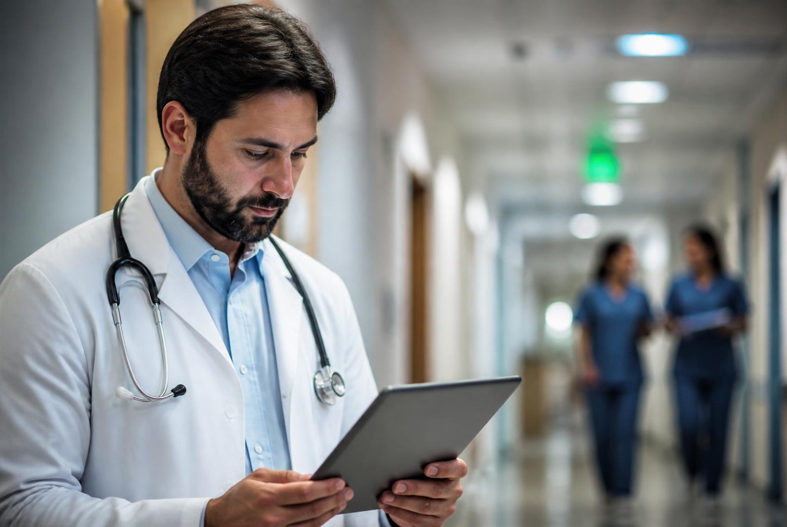 Physician in white coat reviewing prior authorization paperwork on a tablet in a hospital corridor