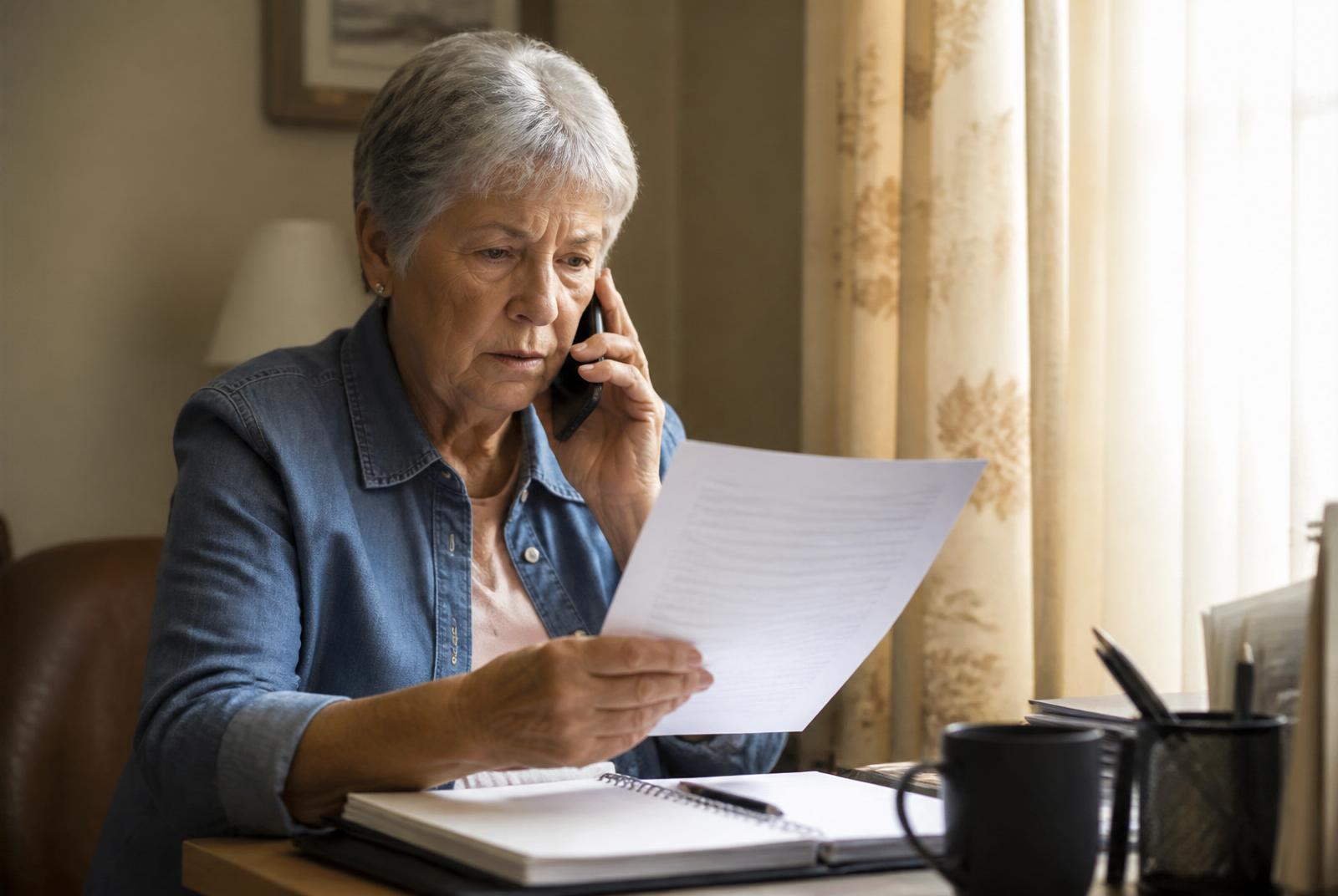 Senior American woman on the phone at home reviewing a Medicare Advantage appeal letter with a notebook and pen