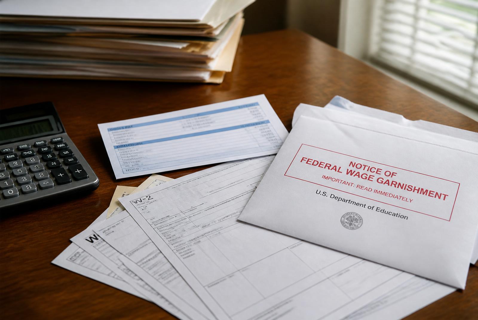 U.S. Department of Education federal wage garnishment notice envelope on a desk with paycheck stubs, W-2 forms, and a calculator