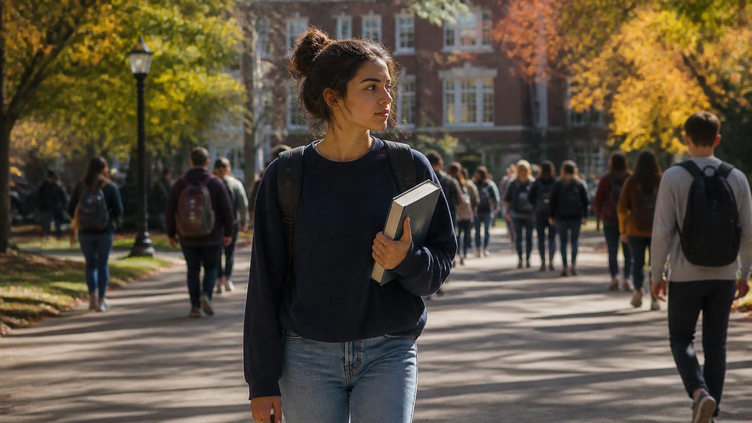 College student walking across an American university campus in autumn