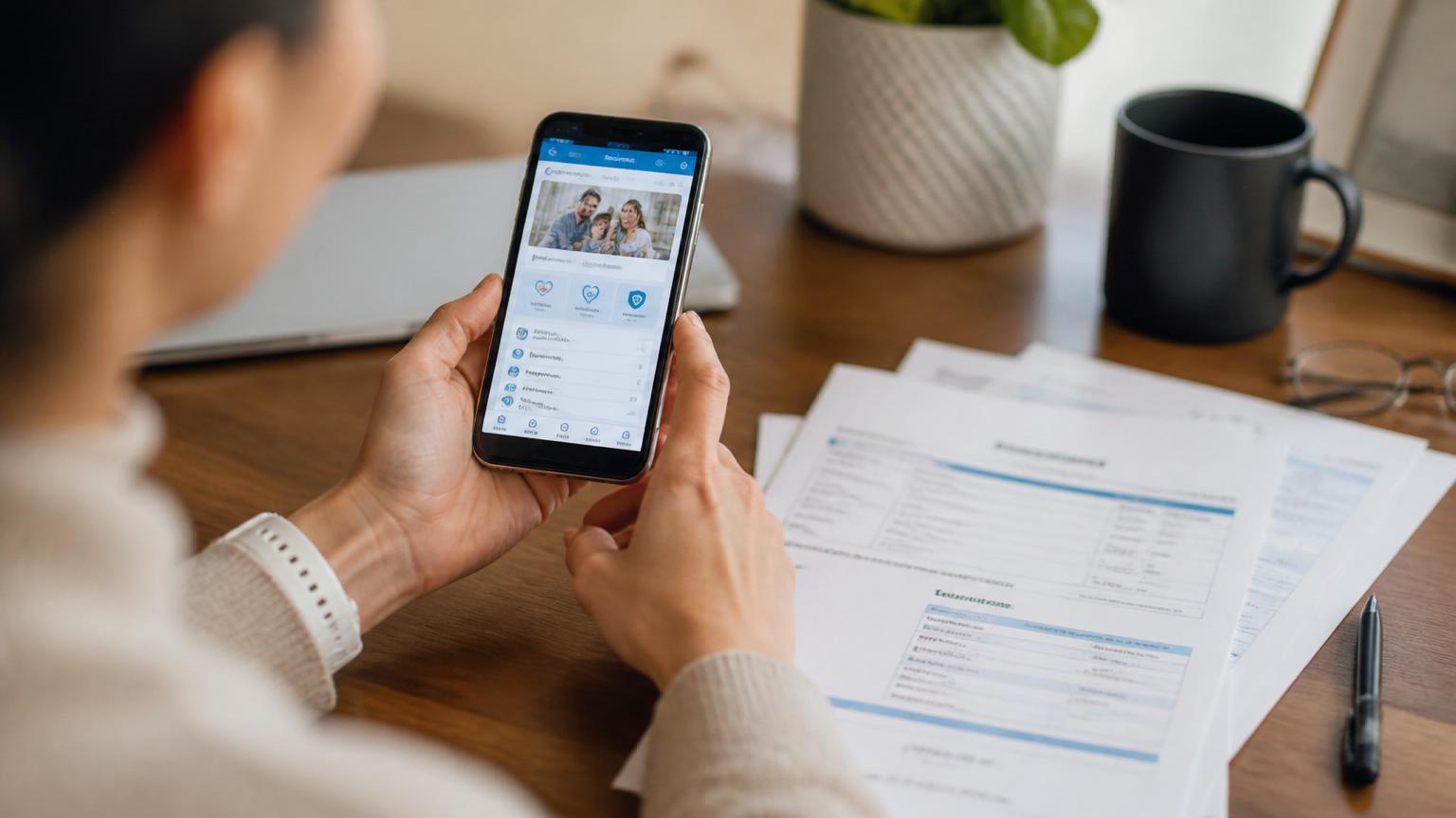 Person reviewing a medical bill and a health insurance app on a smartphone