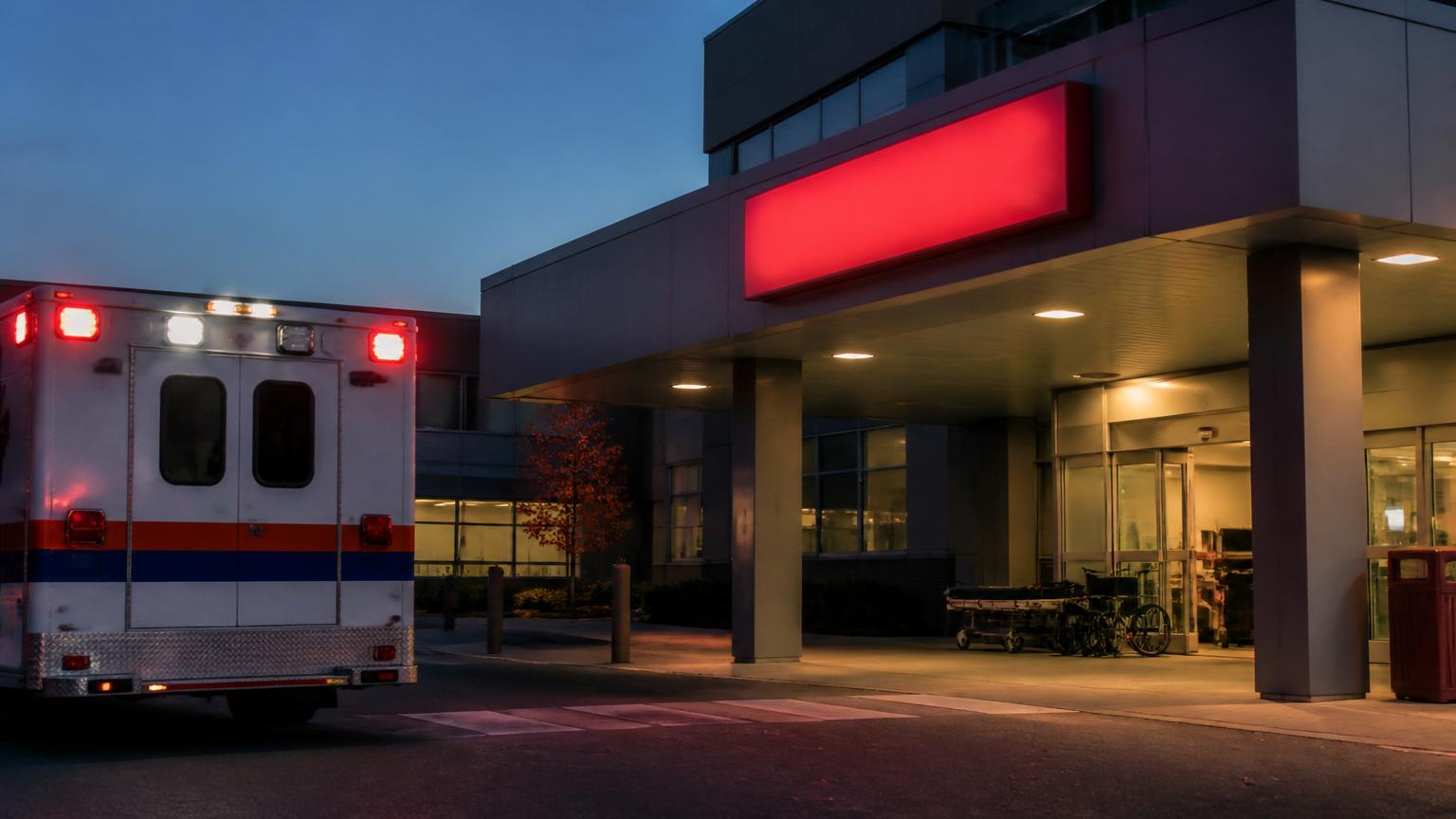 Hospital emergency room entrance with ambulance at dusk