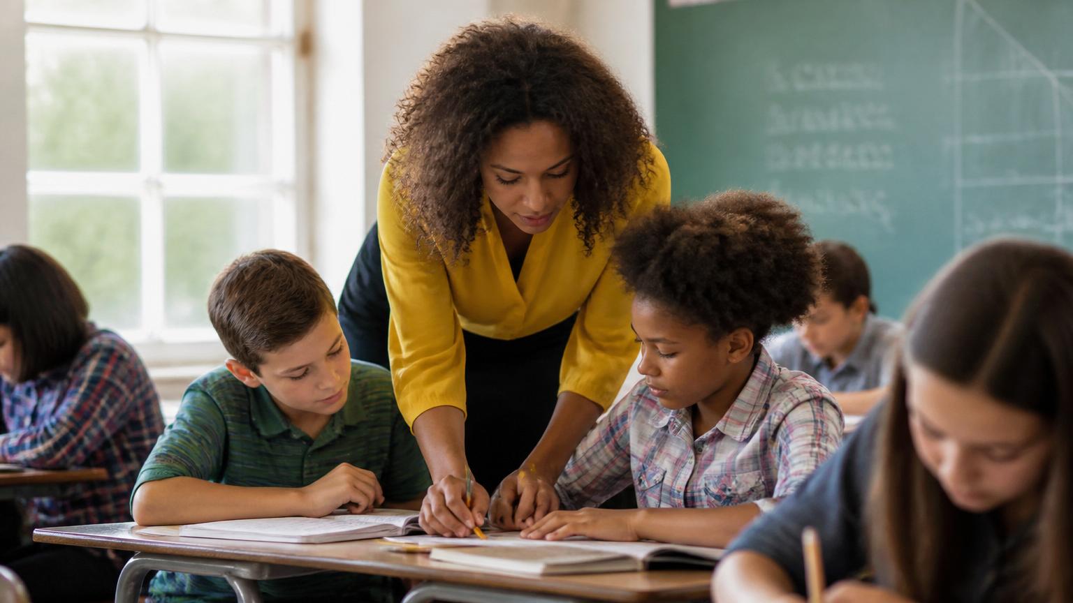 Public school teacher helping students in a classroom, illustrating Public Service Loan Forgiveness eligibility
