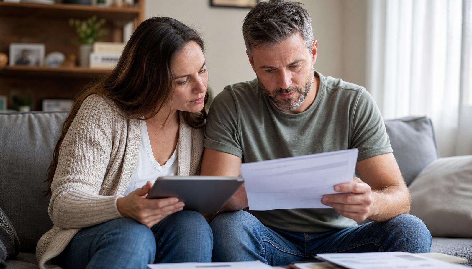 Couple reviewing health insurance continuation paperwork together at home
